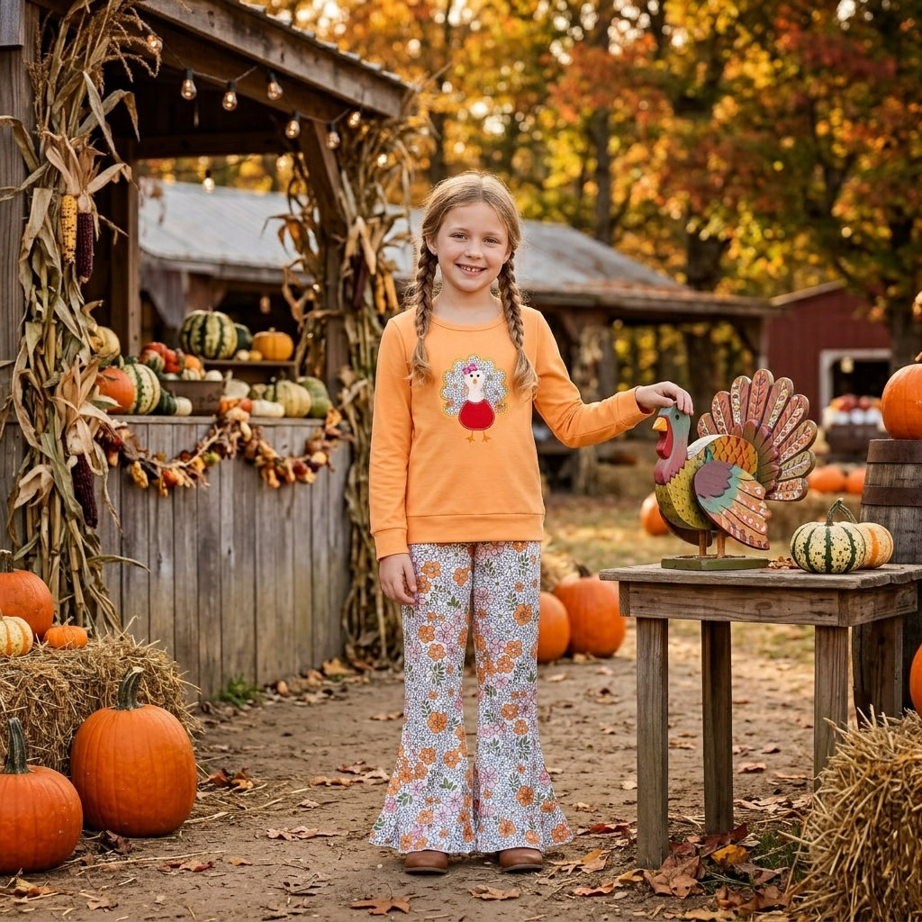 Embroidery Flowers Turkey Baby Girls Bell Bottom Pant Thanksgivings Clothes Sets