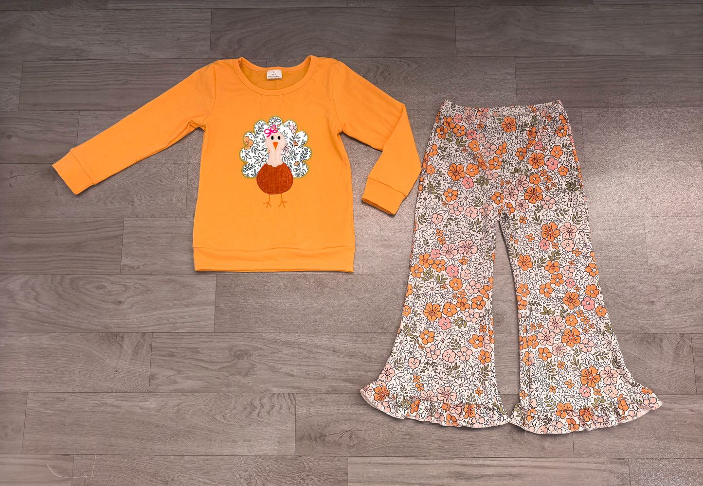 Embroidery Flowers Turkey Baby Girls Top Bell Bottom Pant Thanksgivings Clothes Sets Preorder