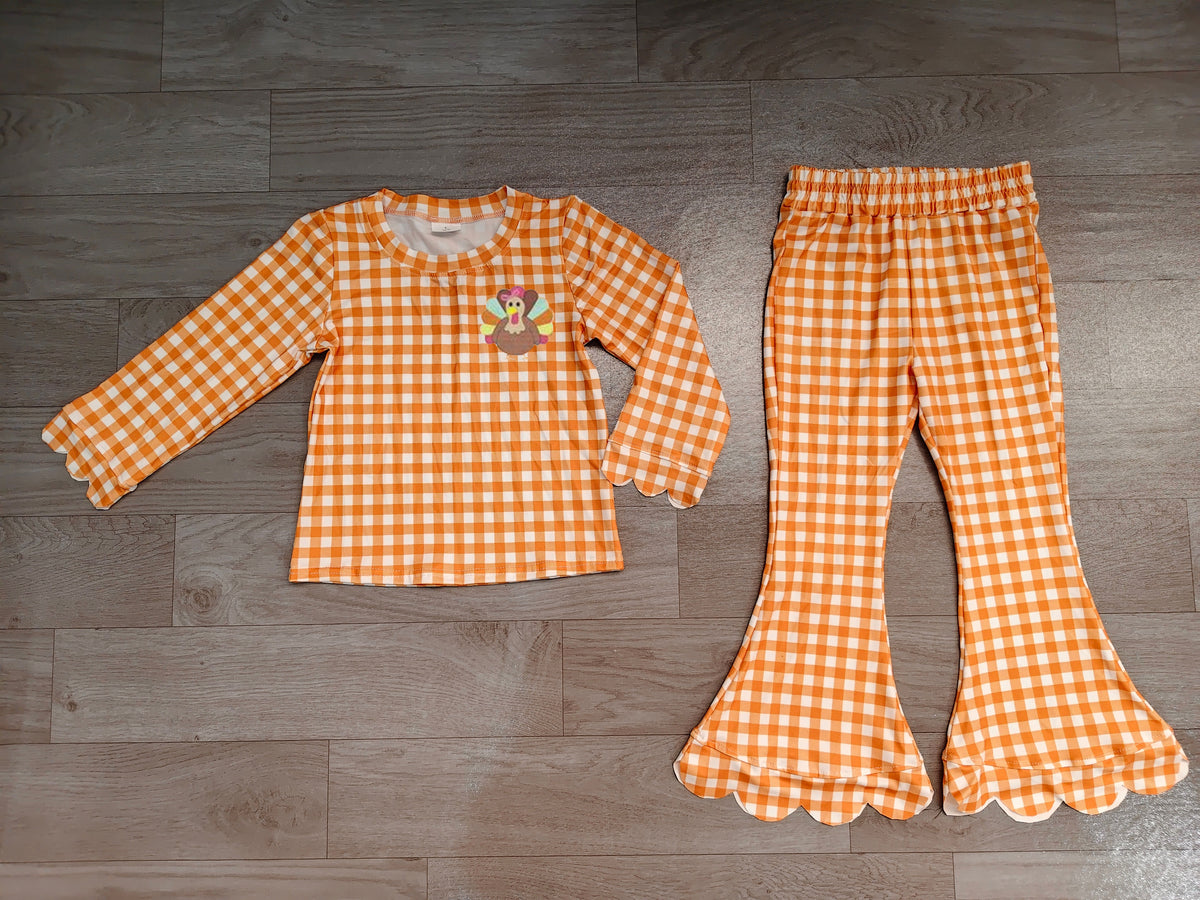 Embroidery Turkey Baby Girls Orange Checked Top Scallop Pant Thanksgivings Clothes Set Preorder