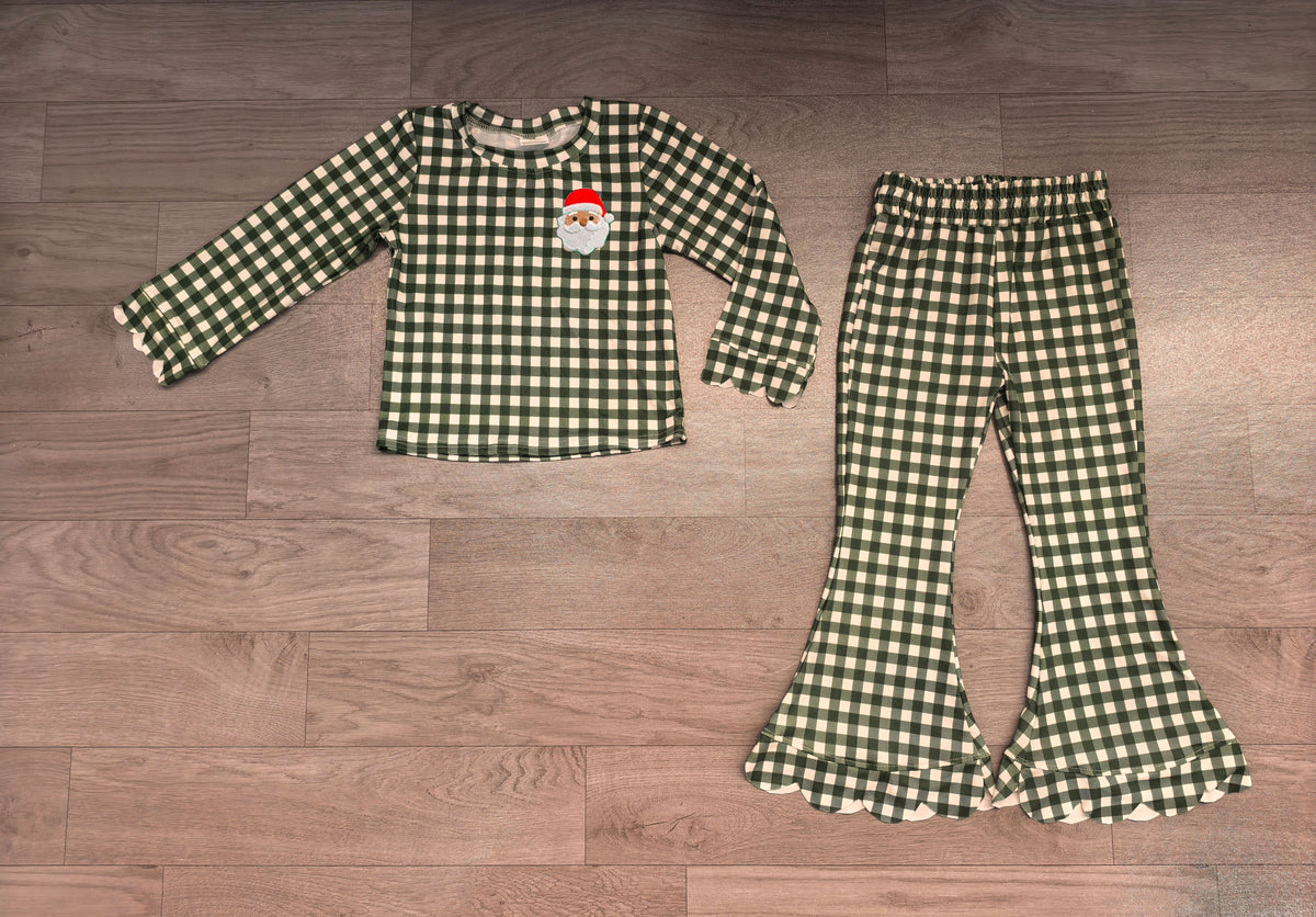 Embroidery Turkey Baby Girls Green Checked Top Bell Bottom Pant Christmas Scallop Set Preorder