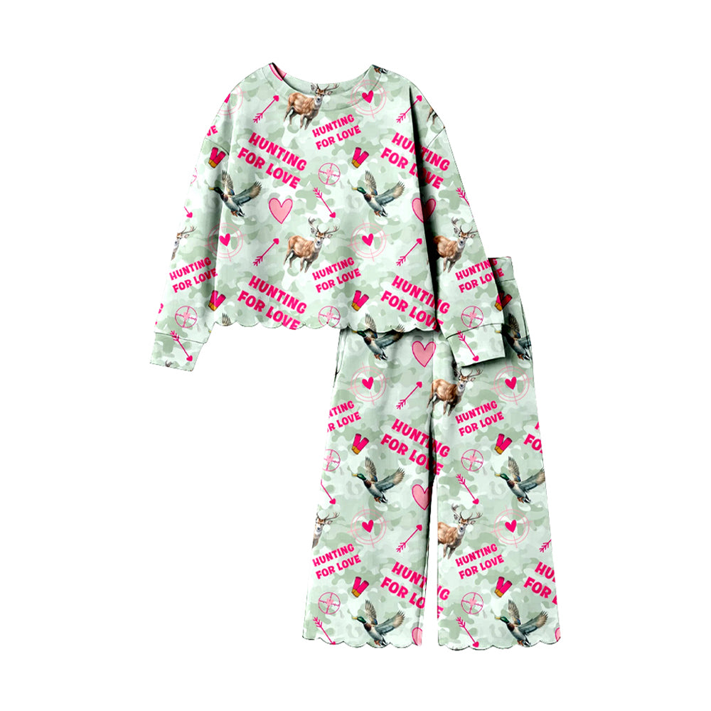 Preorder moq 5 Baby Girls Deer Ducks Hearts Camo Top Flare Pant Hunting Scallop Sets