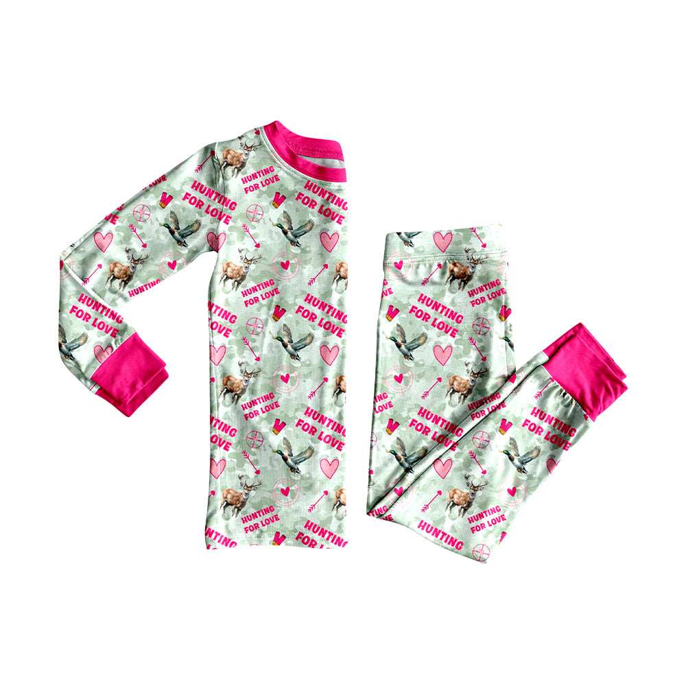 Preorder moq 5 Baby Girls Deer Ducks Hearts Camo Top Pant Hunting Pajamas Sets