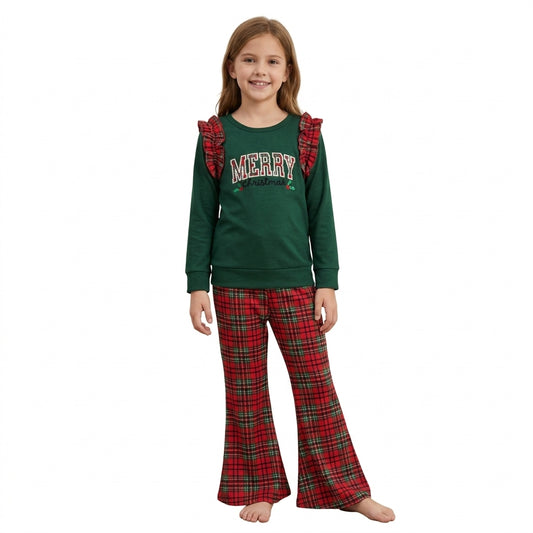Embroidery Merry Baby Girls Green Red Checked Top Flare Pant Christmas Clothes Sets