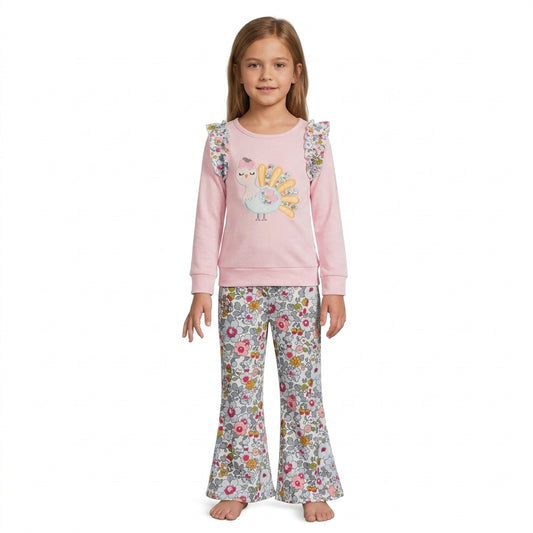 Embroidery Turkey Flowers Baby Girls Top Flare Pant Thanksgivings Clothes Sets