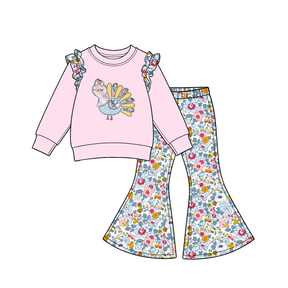 Preorder moq 5 Baby Girls Turkey Flowers Top Flare Pant Thanksgivings Clothes Sets