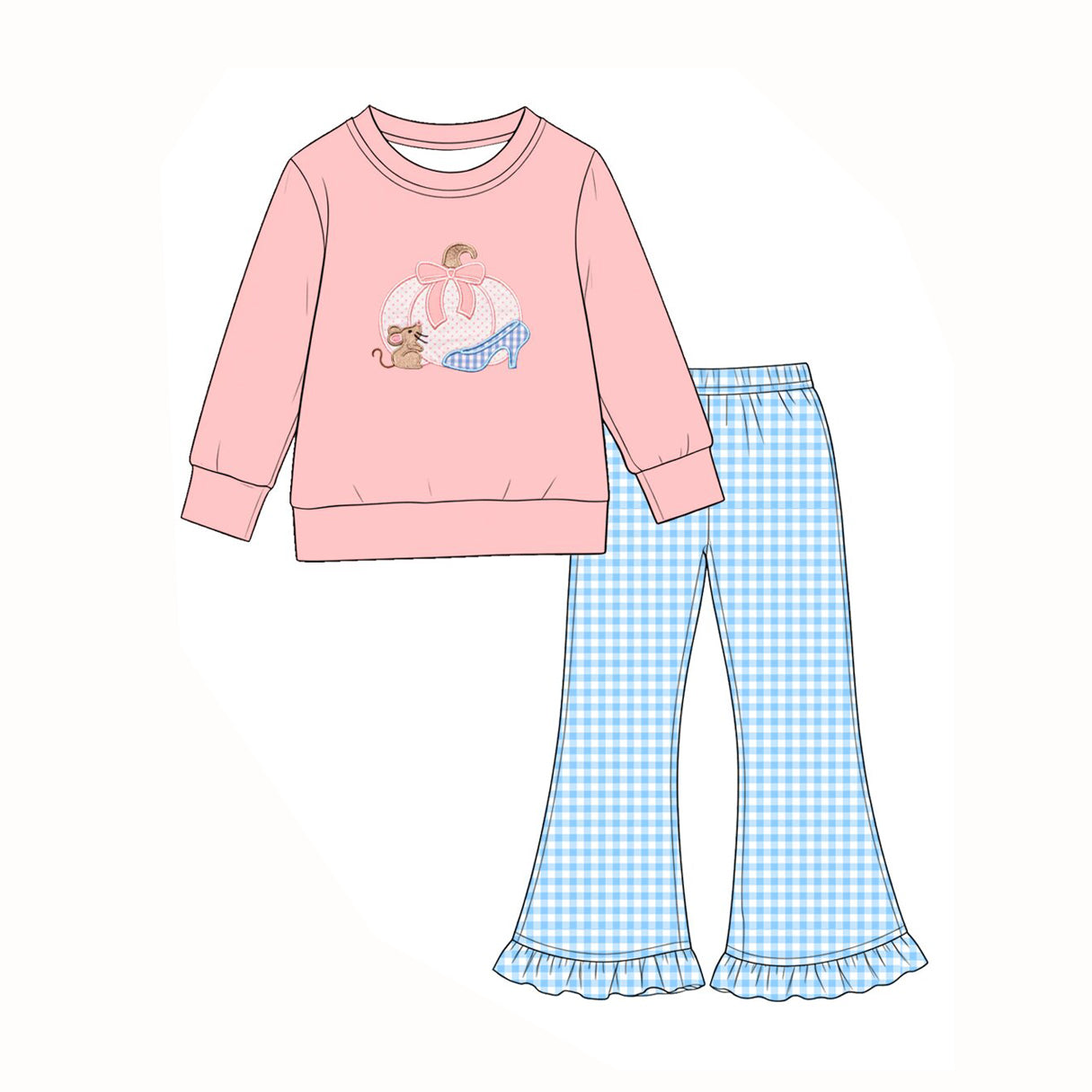 Preorder moq 5 Baby Girls Bow Pumpkins Mouse Top Checked Flare Pant Fall Clothes Sets