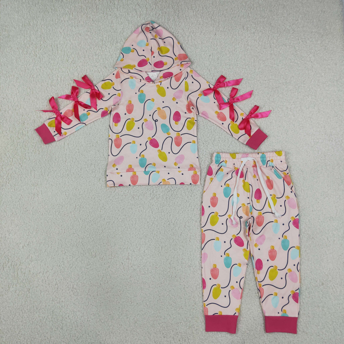 Sibling Baby Girls Bows Sleeves Gingerbread Lights Hoodie Pockets Jogger Christmas Sets