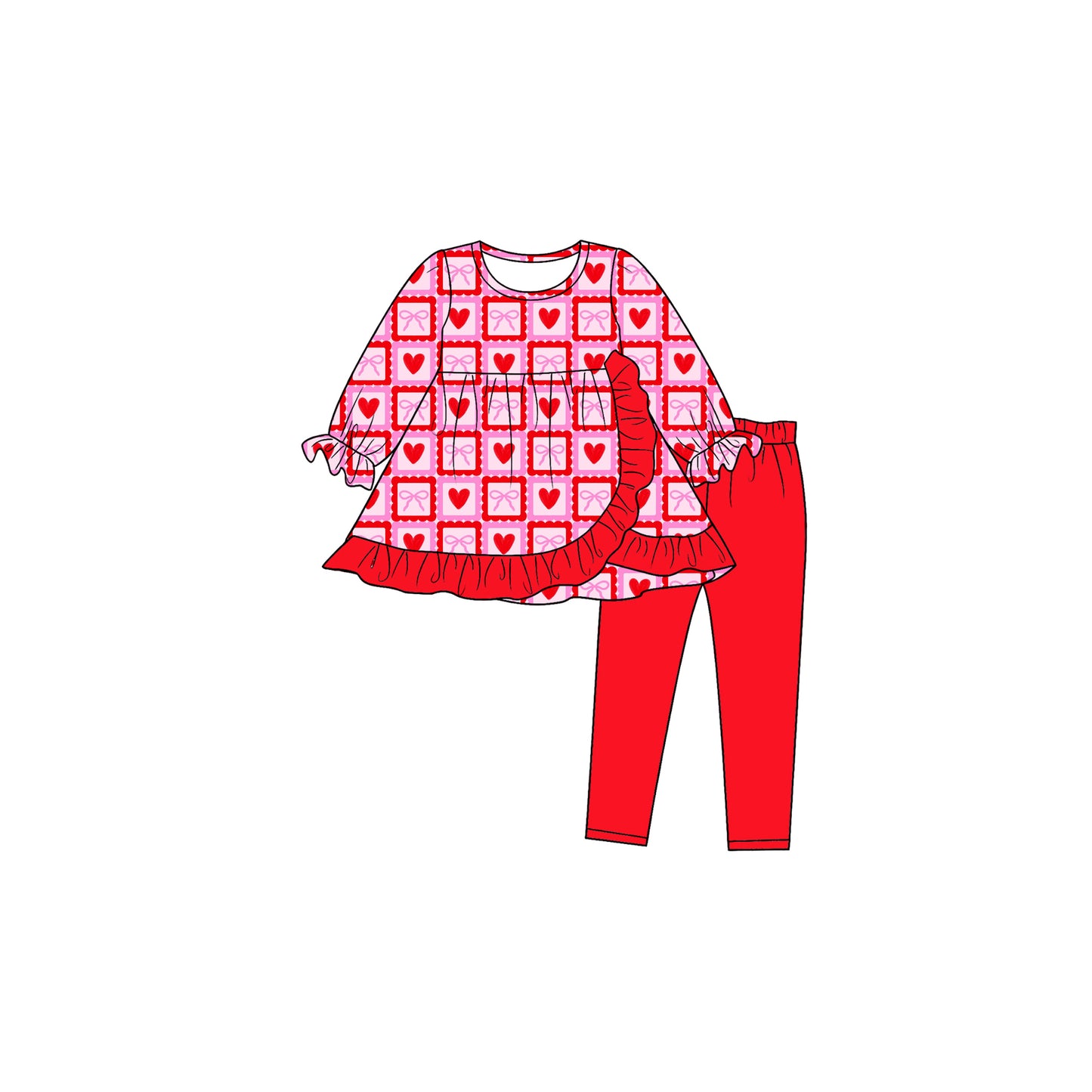 Preorder moq 5 Baby Girls Hearts Bows Checked Tunic Leggings Valentines Clothes Set