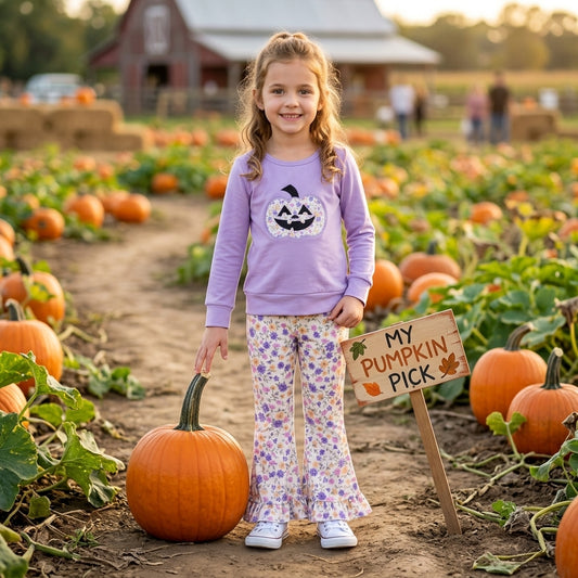 Embroidery Flowers Ghost Pumpkins Baby Girls Ruffle Bell Bottom Pant Halloween Set