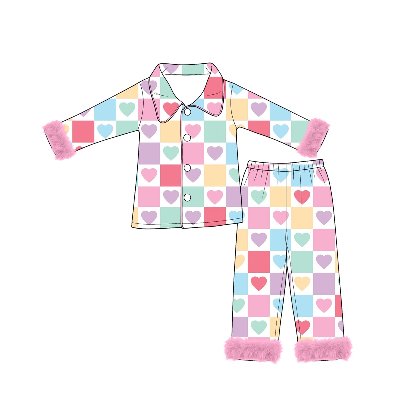 Preorder moq 5 Baby Girls Colorful Hearts Checked Button Top Pant Fur Sleeves Valentines Pajamas Set
