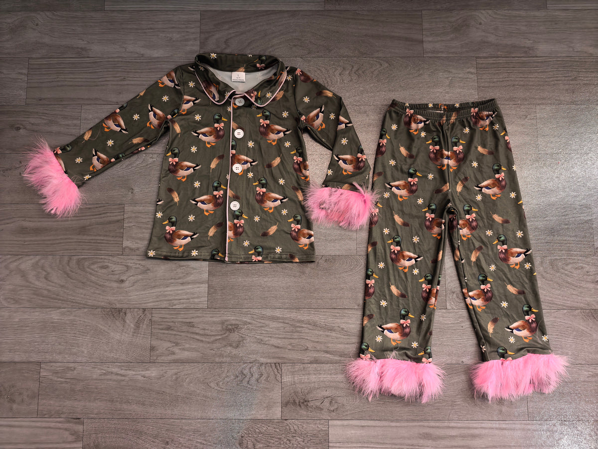 Baby Girls Flowers Ducks Button Top Pant Fur Sleeves Hunting Pajamas Set