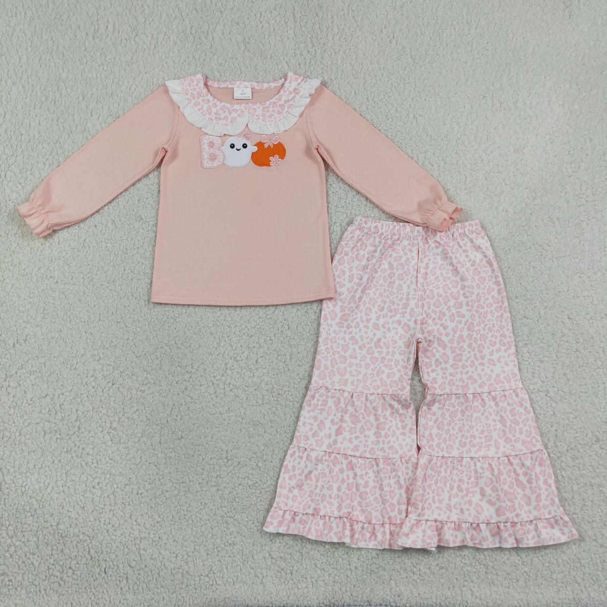 Embroidery Pumpkin Ghost BOO Baby Girls Top Leopard Bell Bottom Halloween Sets