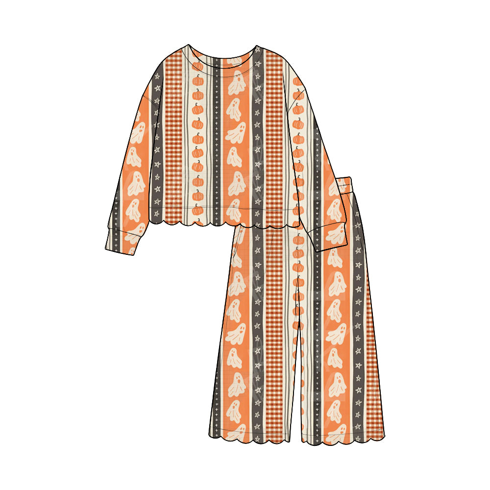 Preorder moq 5 Baby Girls Pumpkins Ghost Stripe Top Flare Pant Halloween Scallop Clothes Sets