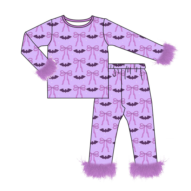 Preorder moq 5 Baby Girls Purple Bows Bats Top Pant Fur Sleeves Halloweens Pajamas Set