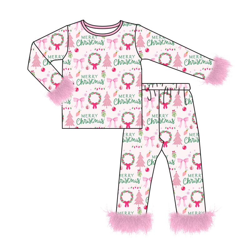 Preorder moq 5 Baby Girls Holly Trees Top Pant Fur Sleeves Christmas Pajamas Sets