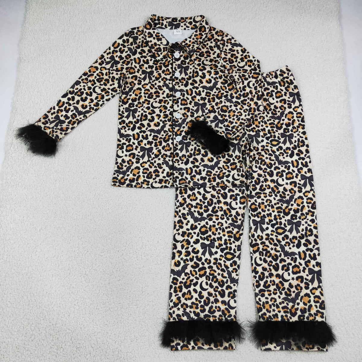 Adult Women Leopard Bats Button Top Pant Fur Sleeves Halloween Pajamas Set