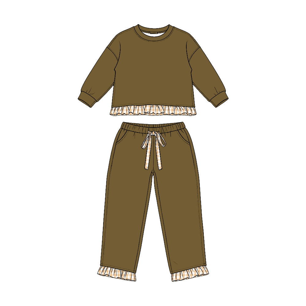 Preorder moq 5 Baby Girls Olive Long Sleeve Top Pockets Pants Sweatshirt Clothes Set