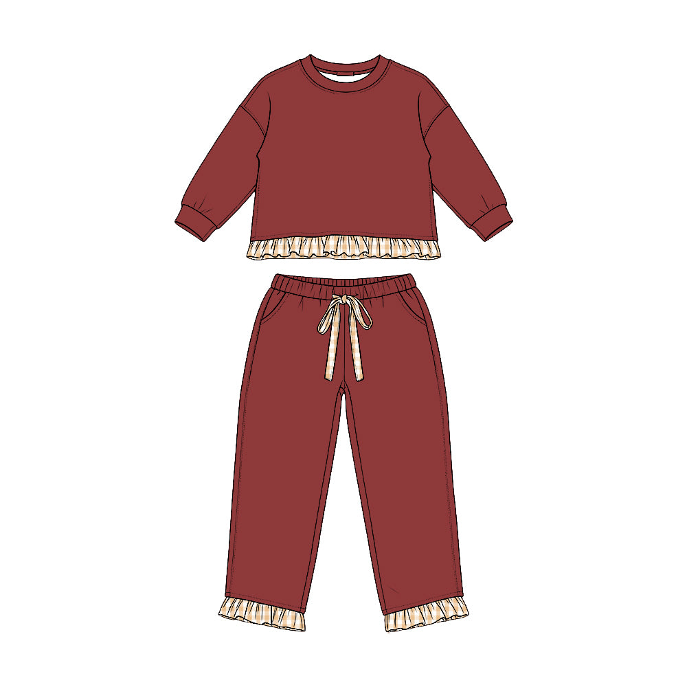 Preorder moq 5 Baby Girls Maroon Long Sleeve Top Pockets Pants Sweatshirt Clothes Set