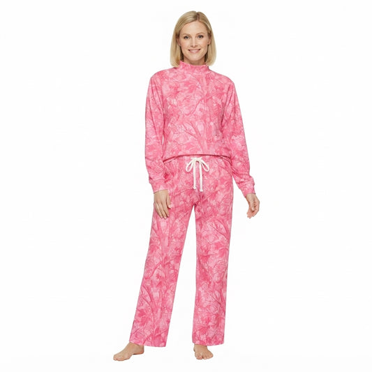 Adult Women Pink Leaves Camo Top Pockets Flare Pants Clothes Sets