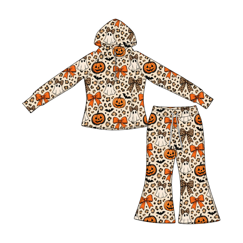 Preorder moq 5 Baby Girls Leopard Ghost Pumpkins Zip Hoodies Bell Bottom Pant Halloween Clothes Set