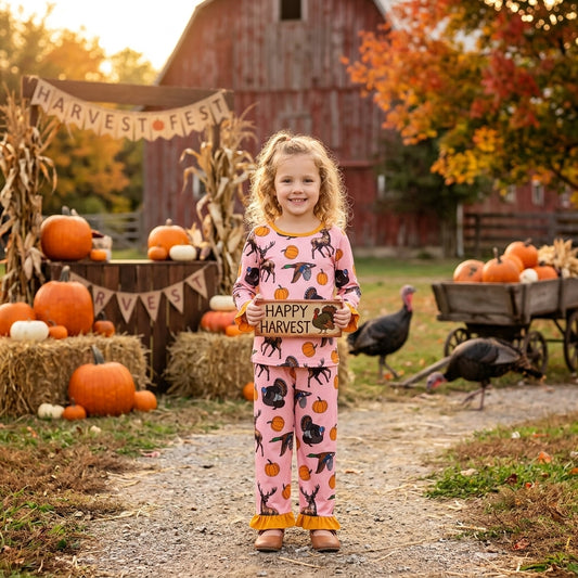 Baby Girls Pumpkins Deer Top Ruffle Pant Thanksgivings Pajamas Sets