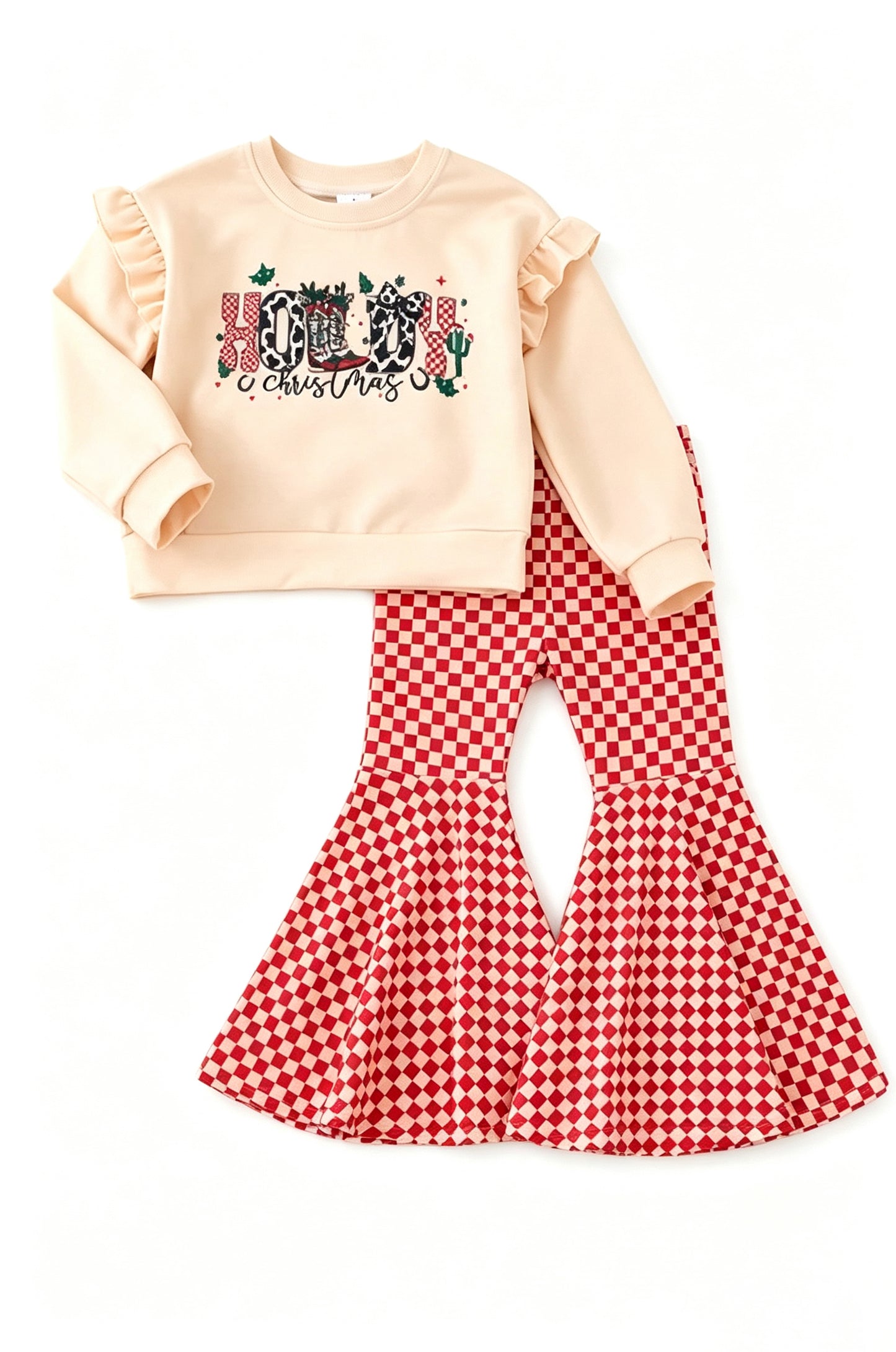 Preorder moq 5 Baby Girls Cow Print Holly Top Checked Bell Bottom Pant Christmas Sets