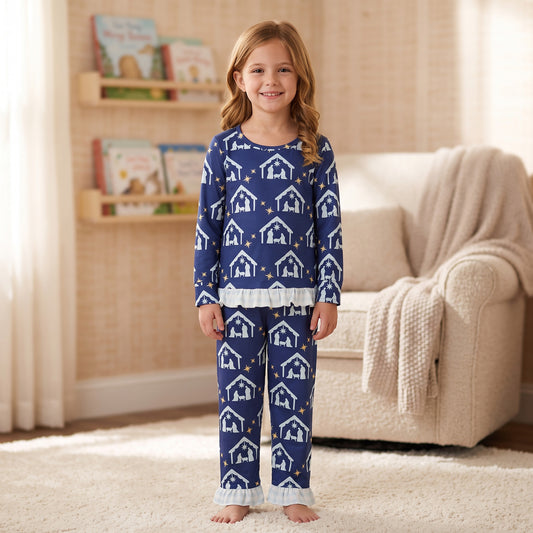 Baby Girls Blue Stars Nativity Top Ruffle Pant Pajamas Clothes Set