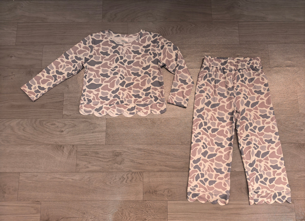 Baby Girls Long Sleeve Light Grey Camo Top Pant Scallop Clothes Set Preorder