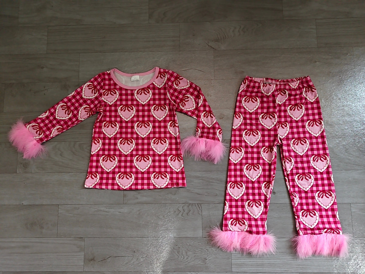 Baby Girls Pink Checked Bow Hearts Top Pant Fur Sleeves Valentines Pajamas Set