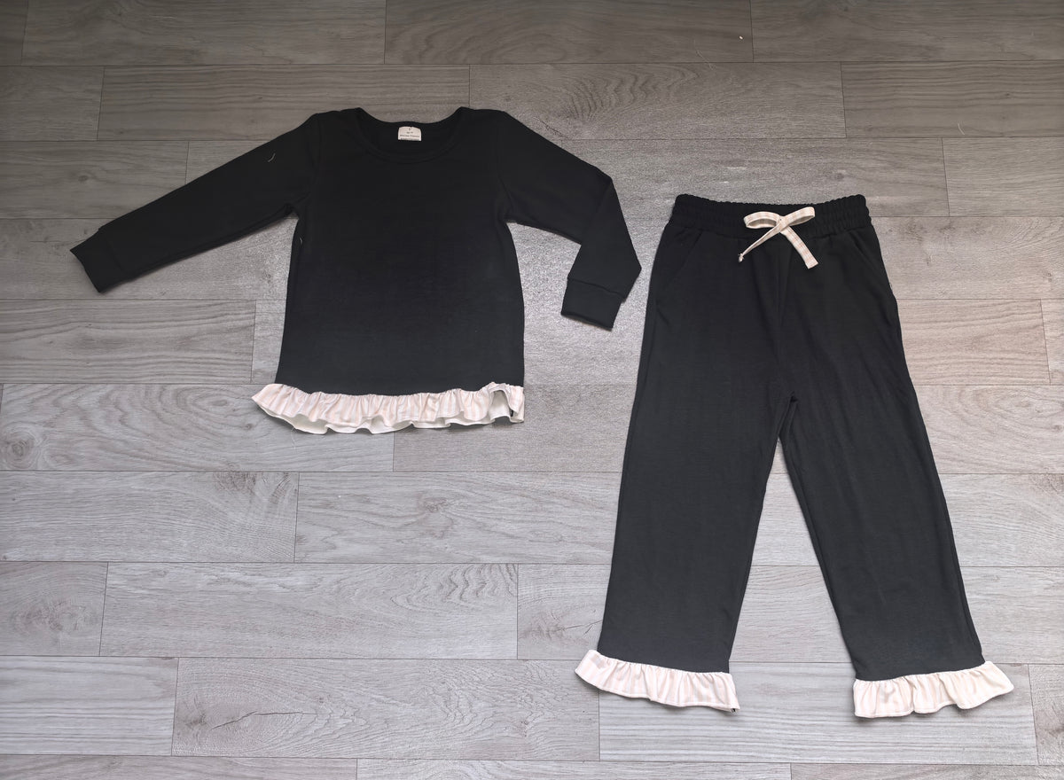 Baby Girls Black Khaki Stripe Top Pockets Ruffle Pant Sweater Clothes Set