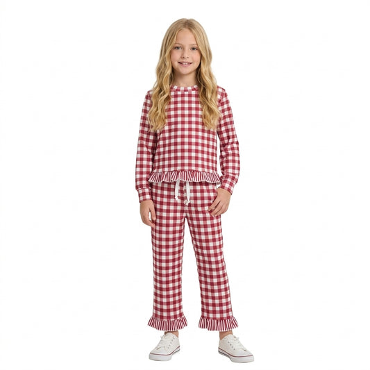 Baby Girls Long Sleeve Maroon Checked Top Pockets Ruffle Pant Clothes Set