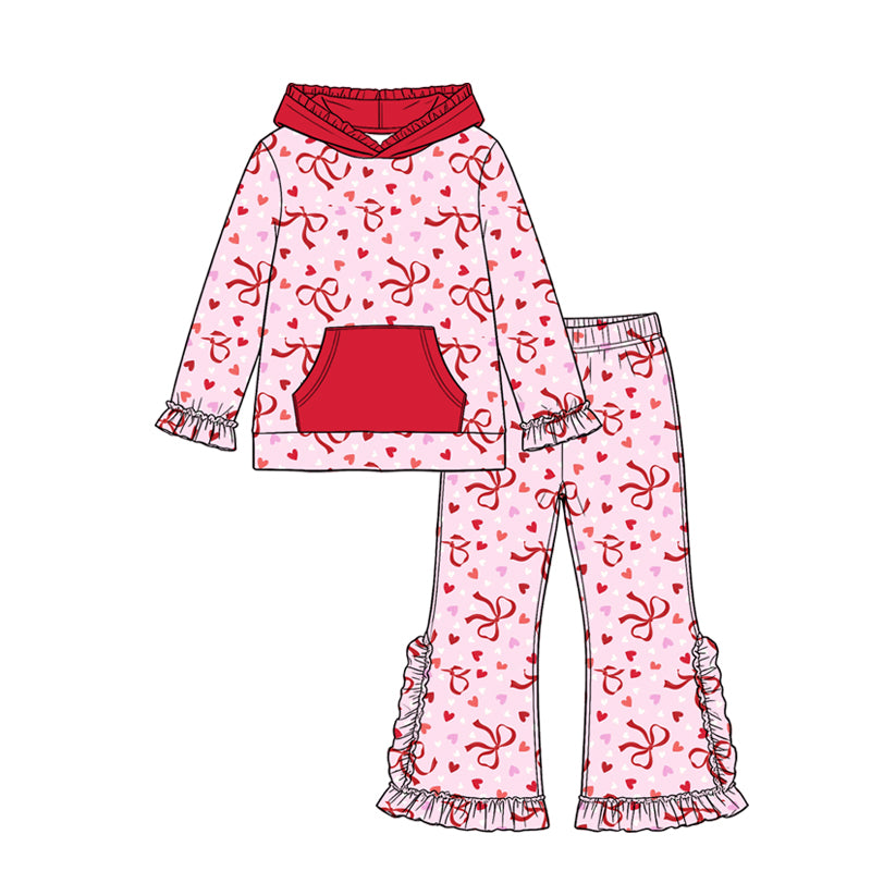 Preorder moq 5 Baby Girls Bows Hearts Pocket Hoodie Ruffle Pant Valentines Clothes Set