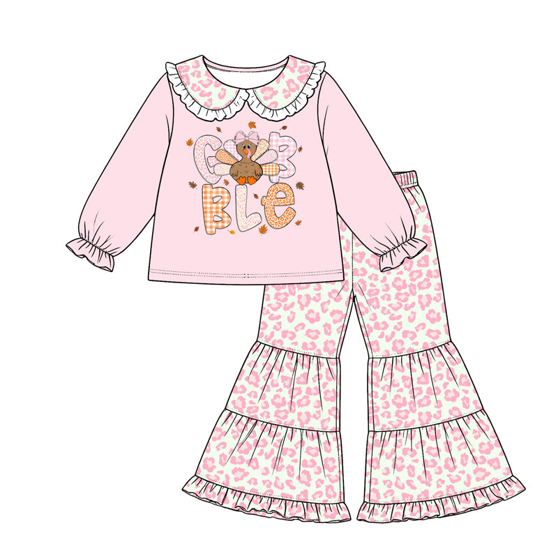 Preorder moq 5 Baby Girls Turkey Collar Top Leopard Bell Bottom Pant Thanksgivings Clothes Set
