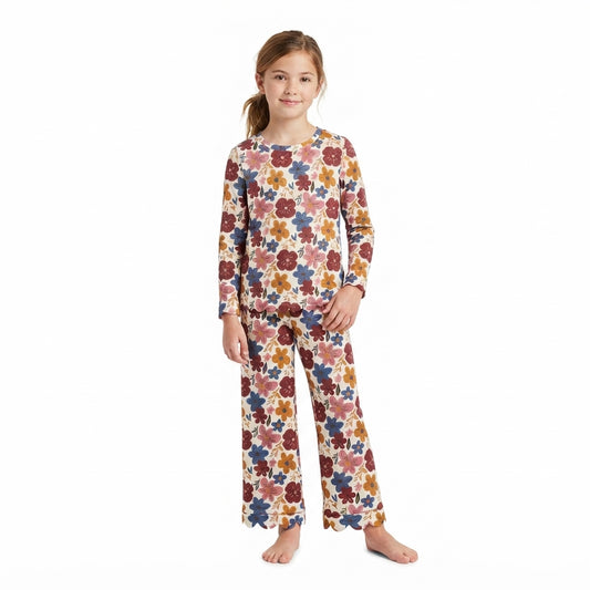 Baby Girls Colorful Flowers Top Pants Fall Scallop Clothes Sets