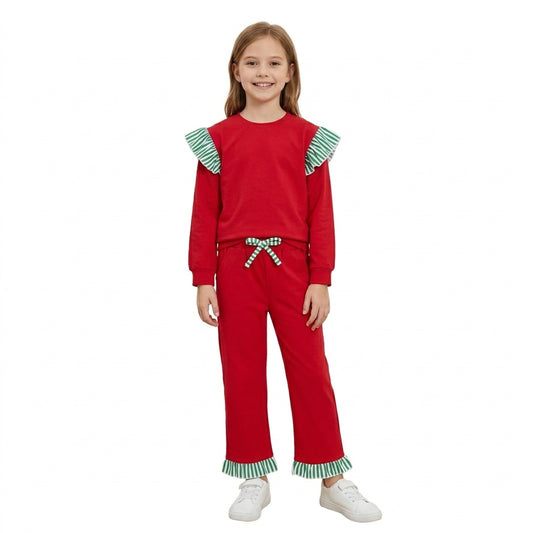 Baby Girls Red Green Stripe Shirt Top Pockets Ruffle Pant Clothes Set