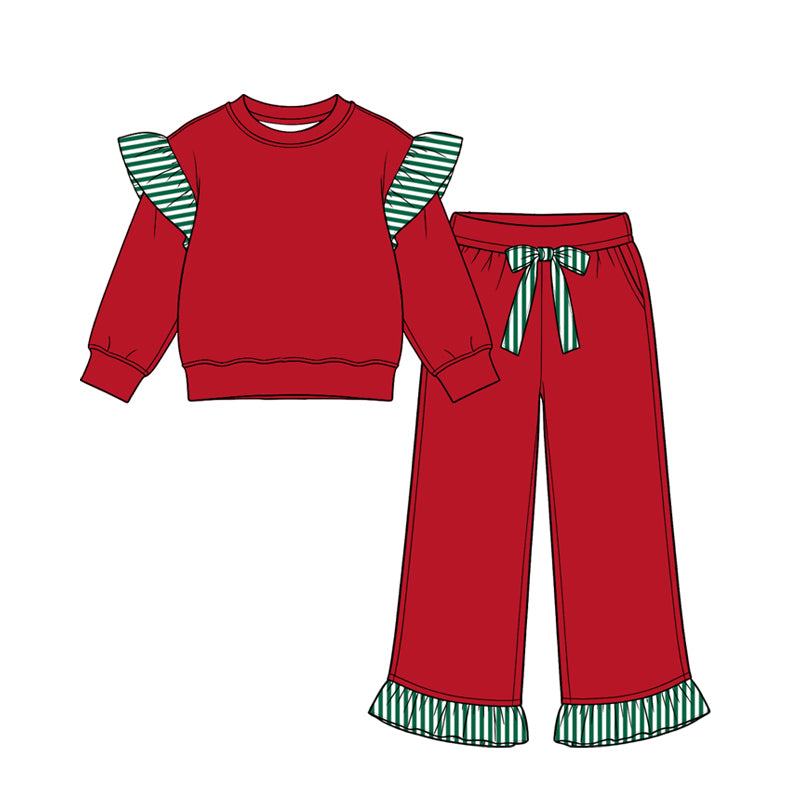Preorder moq 5 Baby Girls Red Stripe Flutter Sleeve Top Pockets Ruffle Pant Clothes Set