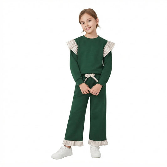 Baby Girls Dark Green Stripe Shirts Top Pockets Ruffle Pant Clothes Set