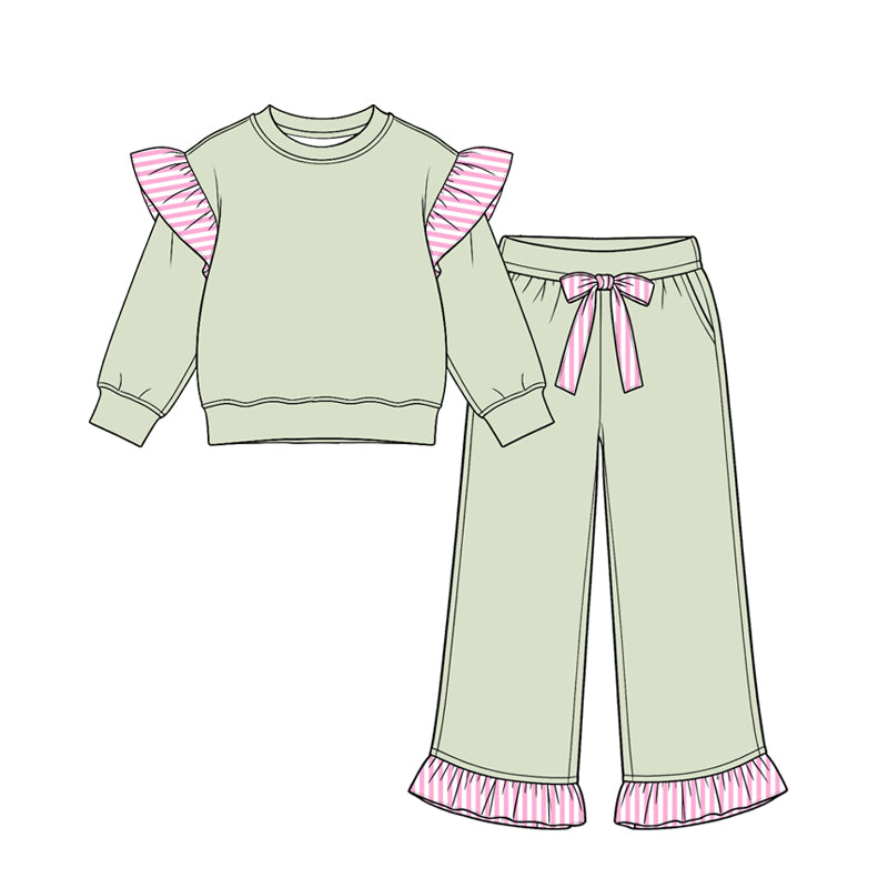 Preorder moq 5 Baby Girls Light Green Stripe Flutter Sleeve Top Pockets Ruffle Pant Clothes Set
