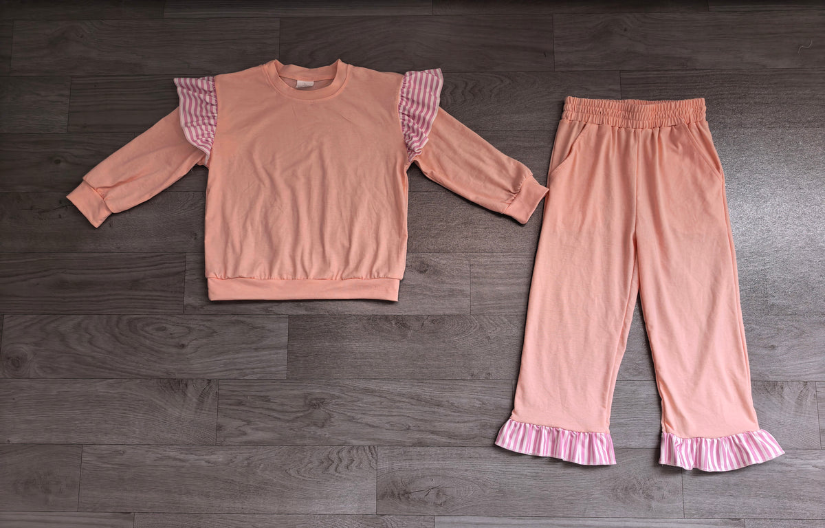 Baby Girls Light Pink Stripe Flutter Sleeve Top Pockets Ruffle Pant Clothes Set