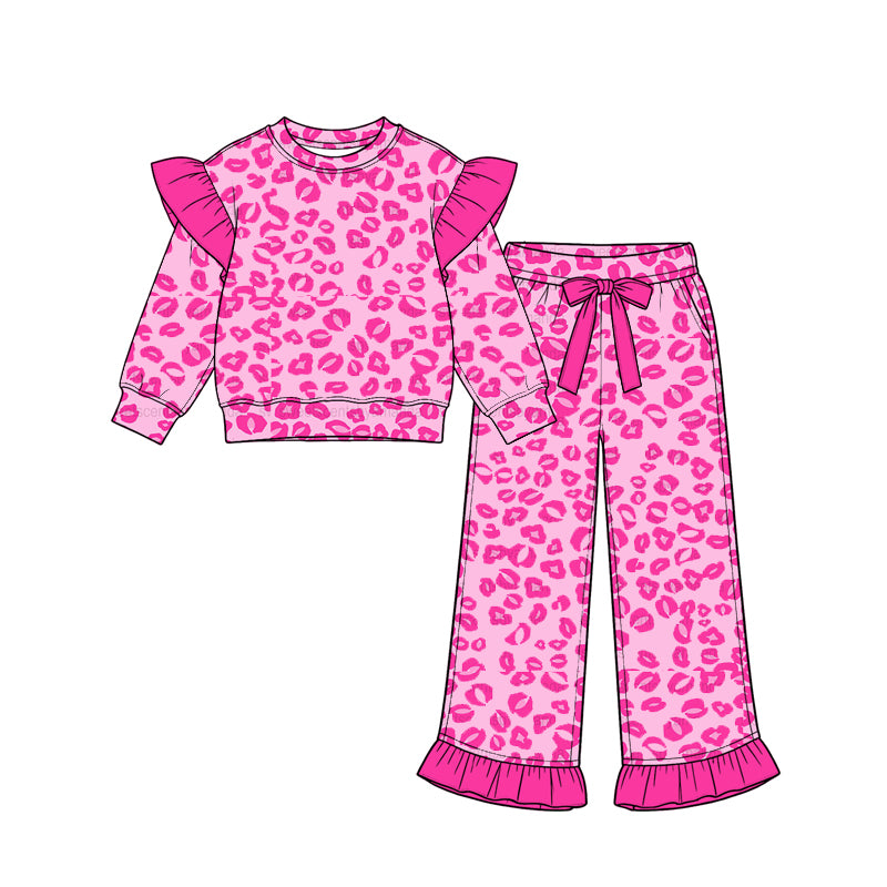 Preorder moq 5 Baby Girls Pink Leopard Flutter Sleeve Top Pockets Ruffle Pant Clothes Set