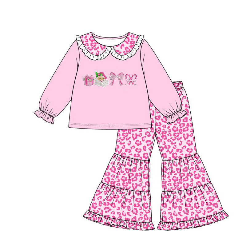Preorder moq 5 Baby Girls Leopard Santa Candy Cane Collar Top Bell Bottom Pant Christmas Clothes Set