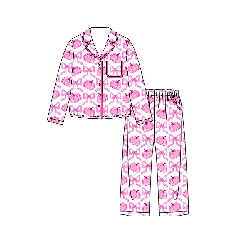 Preorder moq 5 Baby Girls Bows Pumpkins Button Top Pockets Pant Fall Pajamas Set
