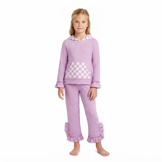 Baby Girls Lavender Checked Pocket Hoodie Ruffle Pant Clothes Set