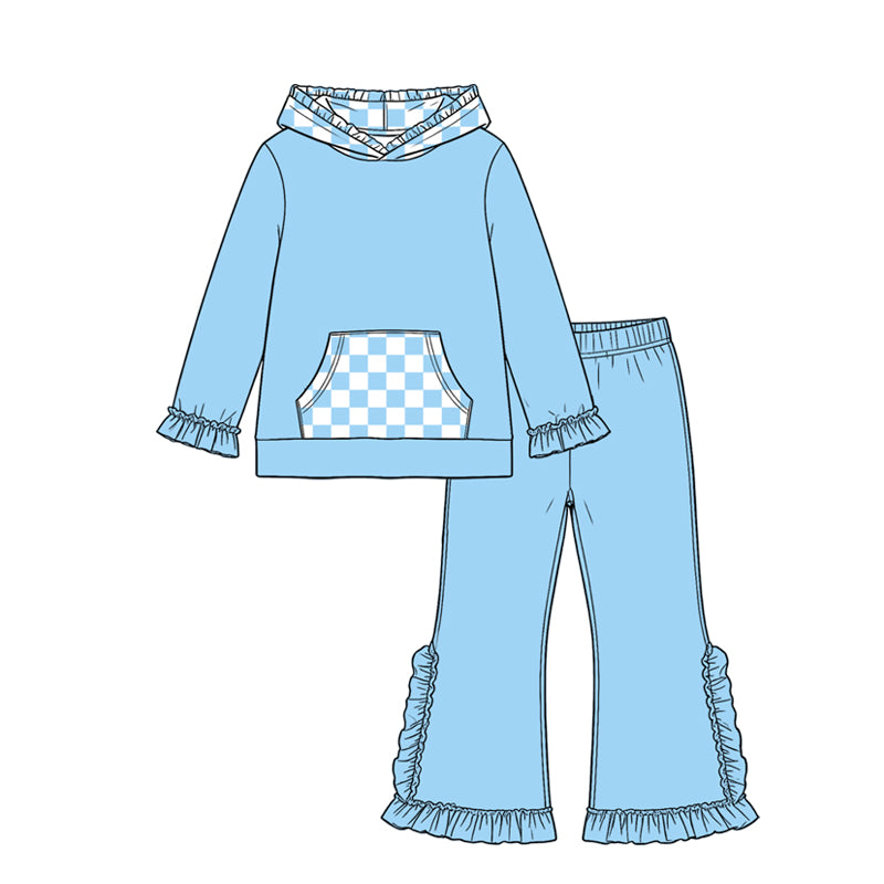 Preorder moq 5 Baby Girls Blue Checked Pocket Hoodie Ruffle Pant Clothes Set