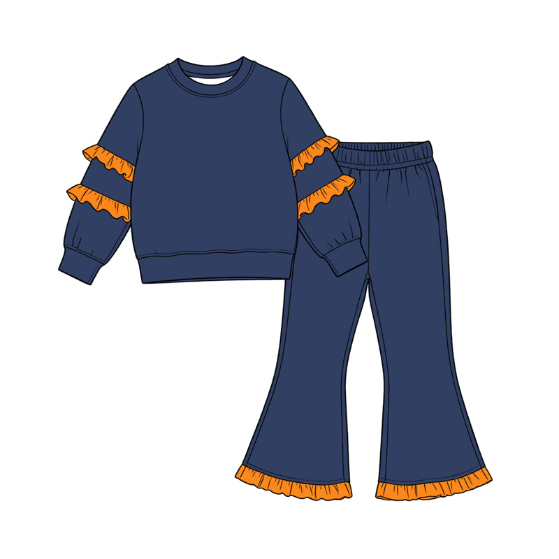 Preorder moq 5 Baby Girls Orange Navy Long Sleeve Top Flare Pants Clothes Set