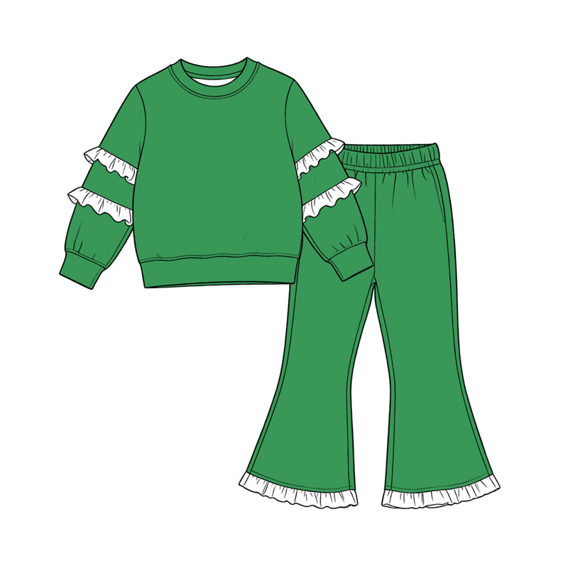 Preorder moq 5 Baby Girls Green White Long Sleeve Top Flare Pants Clothes Set