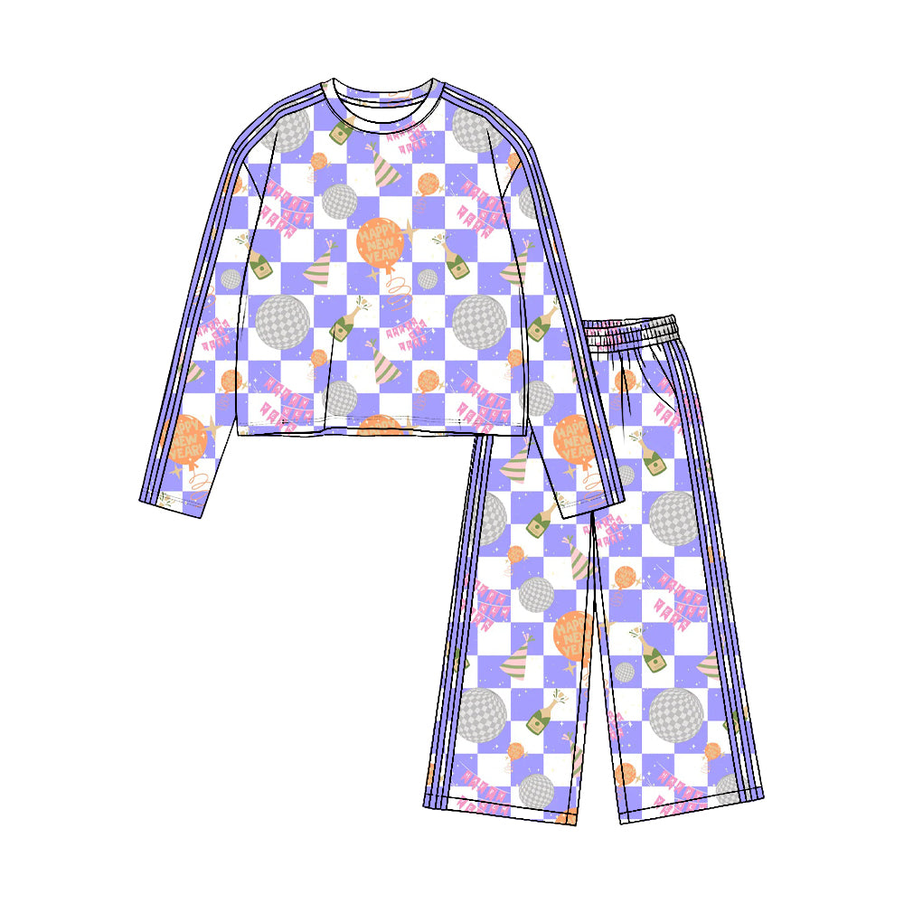 Preorder moq 5 Baby Girls Lavender Checked Balloons Top Pockets Pants Happy New Year Yoga Active Set