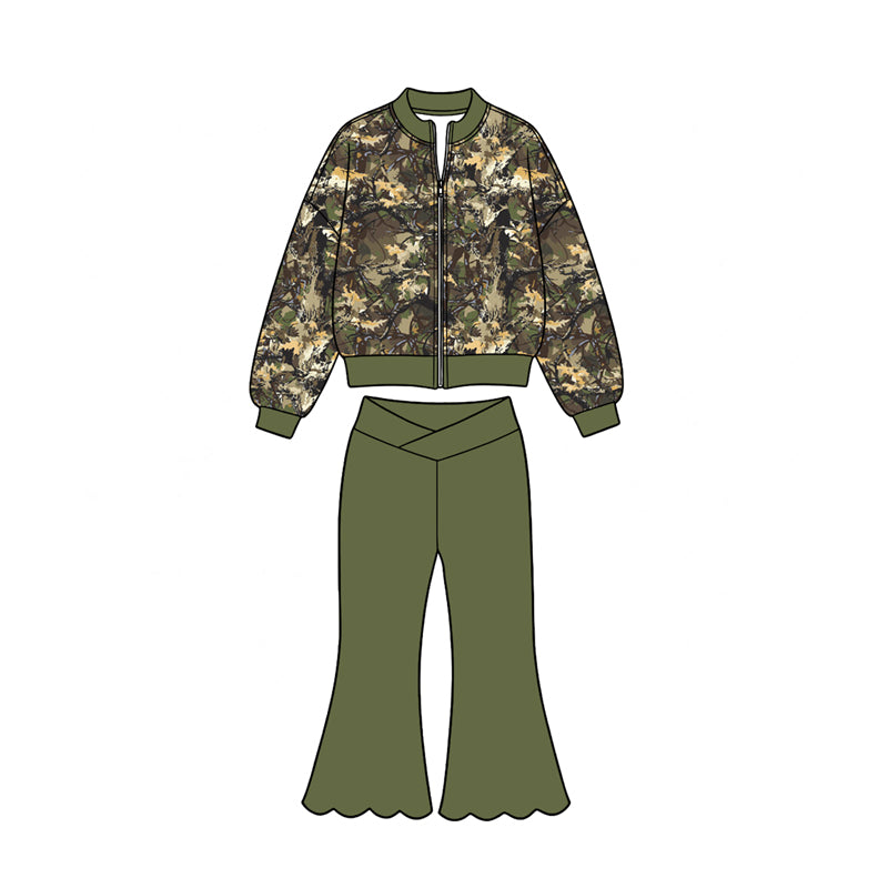 Preorder moq 5 Baby Girls Leaves Camo Zip Jacket Top Scallop Flare Pants Yoga Active Set