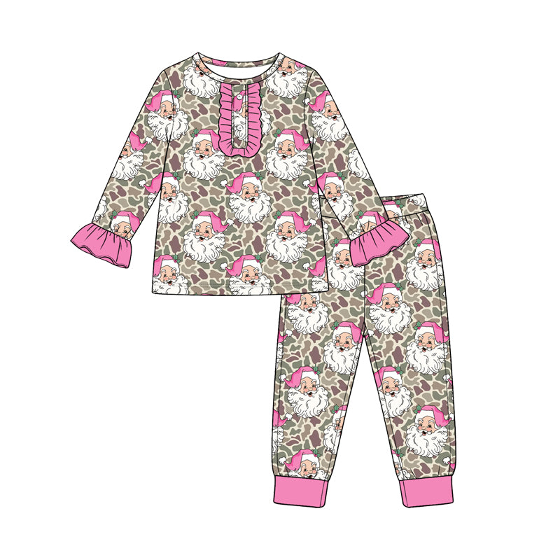 Preorder moq 5 Baby Girls Khaki Camo Santa Button Top Pant Christmas Pajamas Set