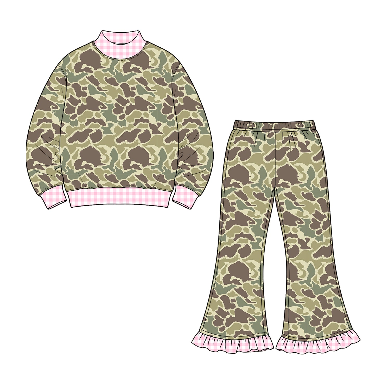 Preorder moq 5 Baby Girls Southern Khaki Camo Top Ruffle Flare Pant Clothes Set